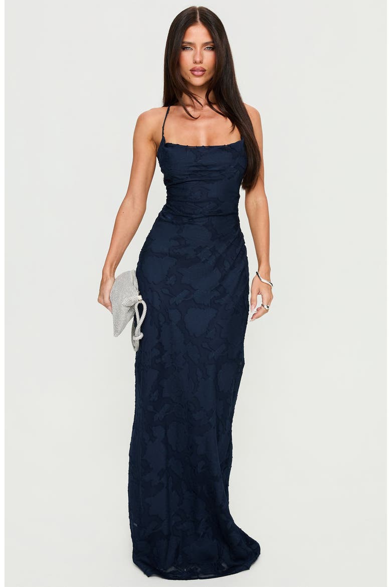 Celena Floral Burnout Gown, Alternate, color, NAVY BURNOUT