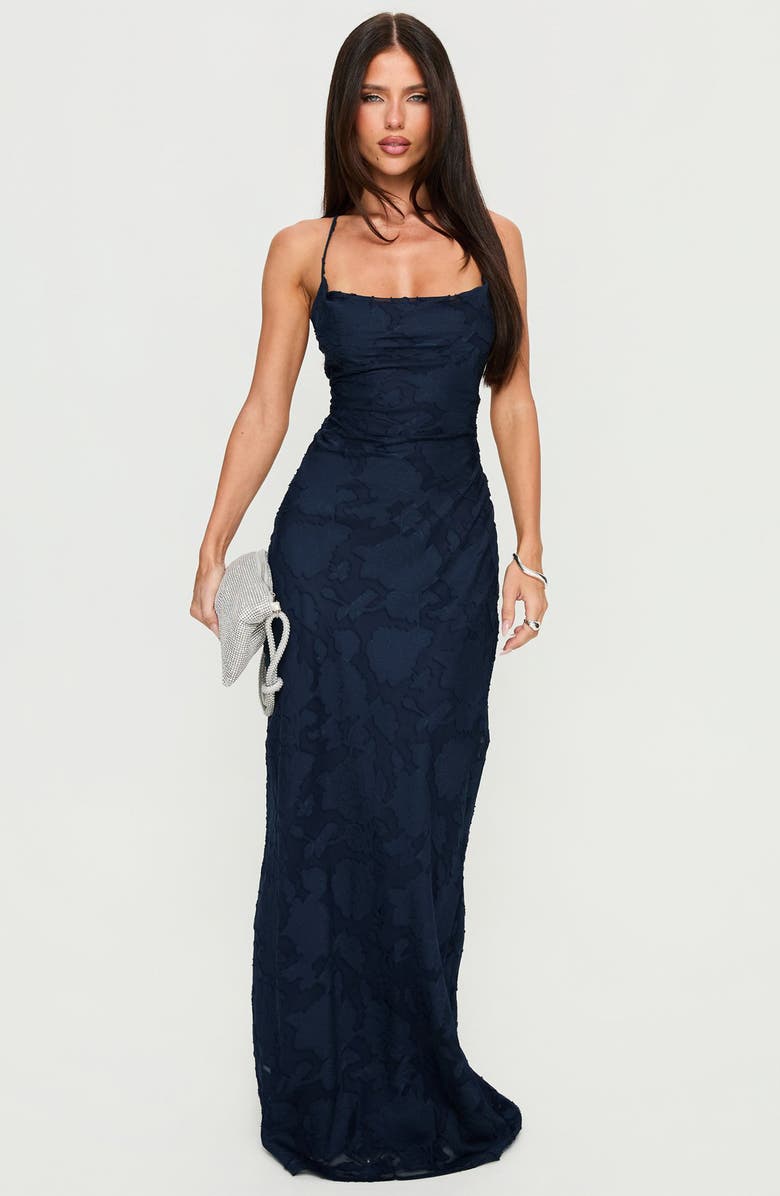 Princess Polly Celena Floral Burnout Gown, Alternate, color, Navy Burnout