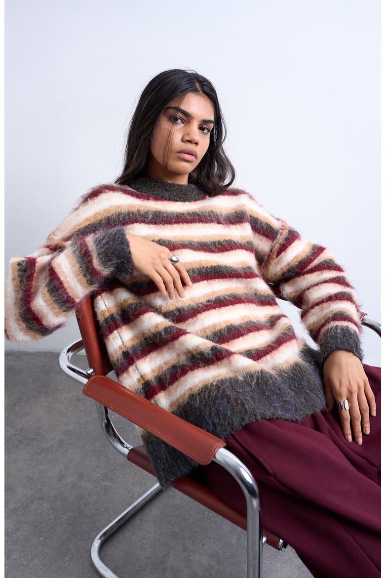 Fluffy Stripe Crewneck Sweater, Alternate, color, NEUTRAL MULTI