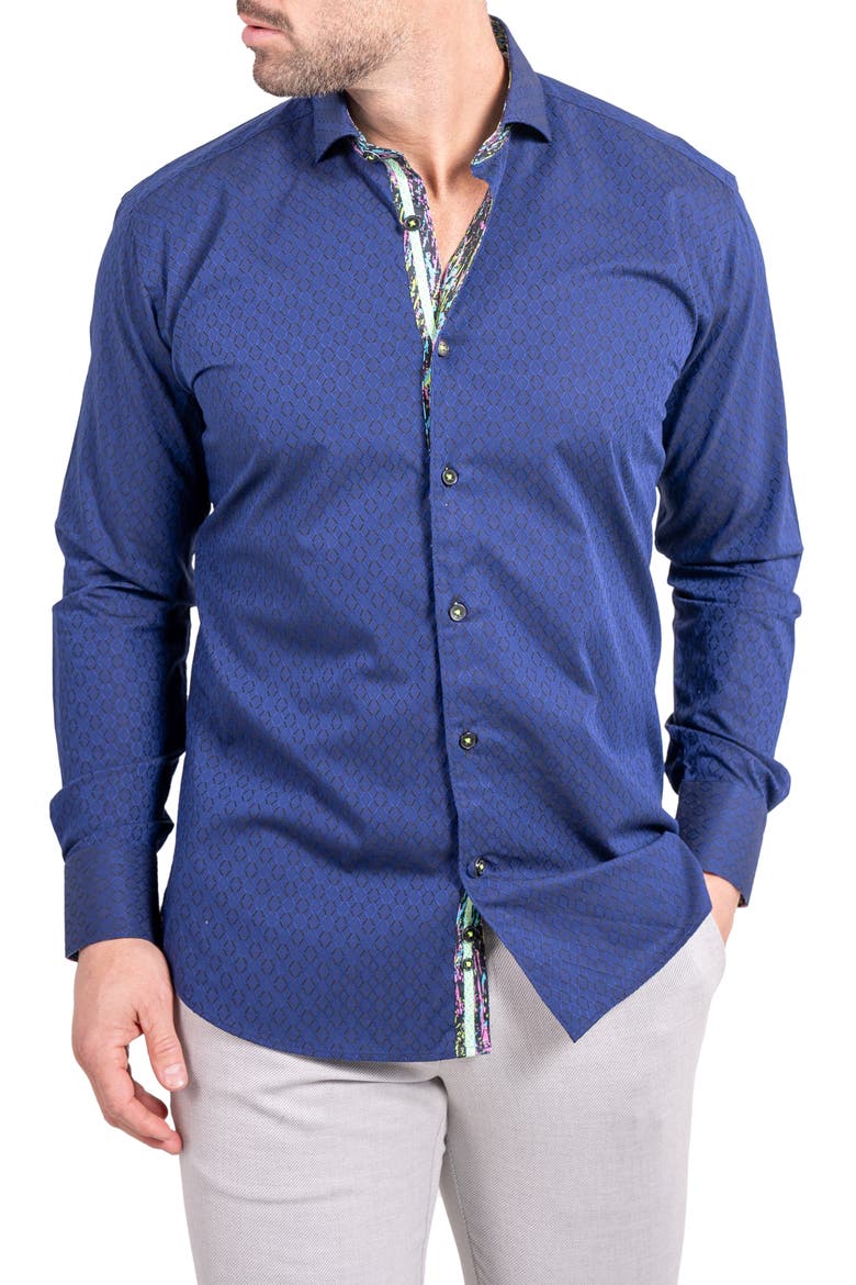 Einstein Ascension0083 Blue Tonal Diamond Cotton Button-Up Shirt, Alternate, color, BLUE
