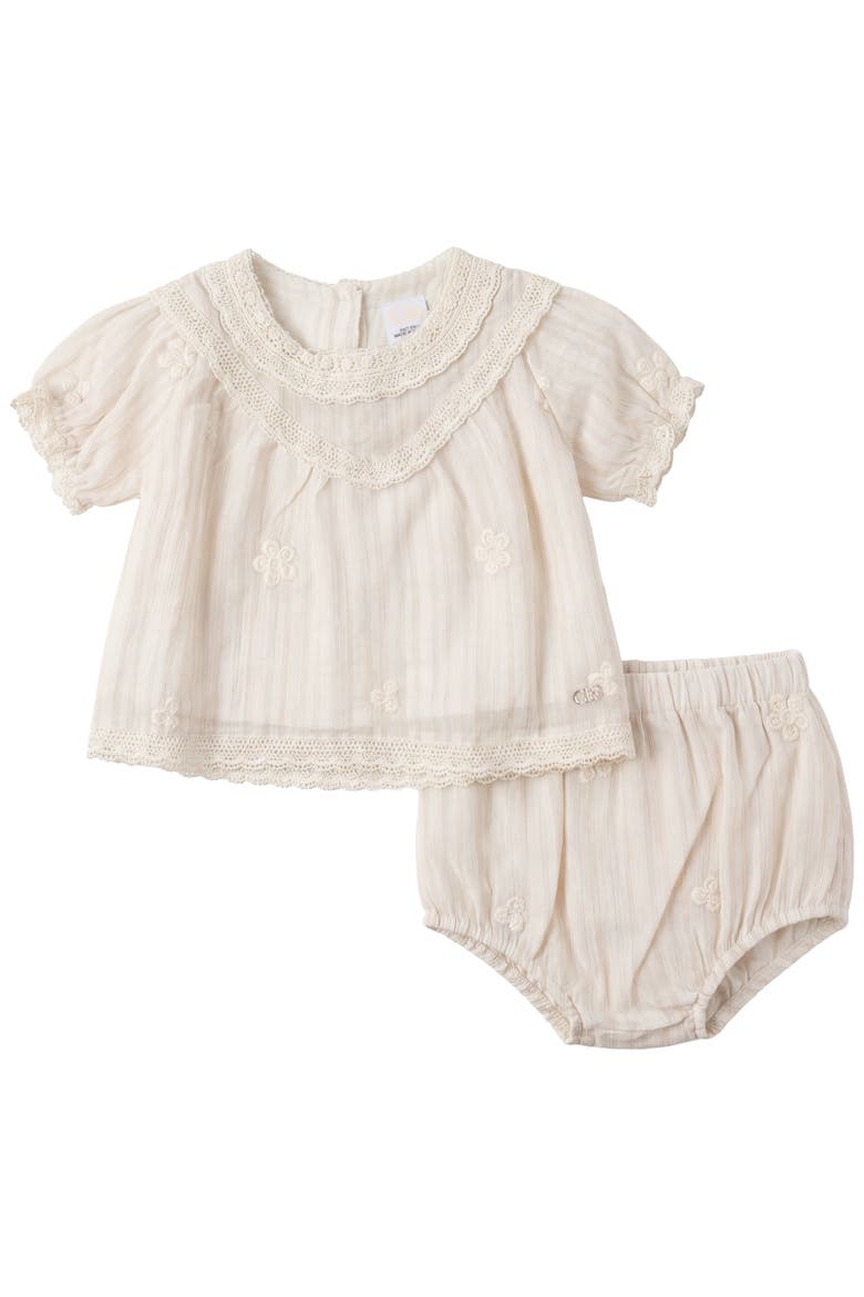 Stripe and Floral Woven Short Sleeve Top and Bloomer Set, Main, color, Cream/Brick