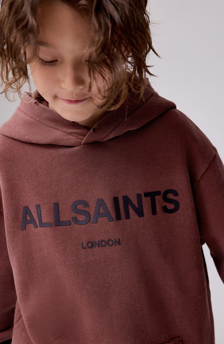 smALLSAINTS by ALLSAINTS Kids' Distressed Oversize Logo Split Hoodie, Alternate, color, Brown