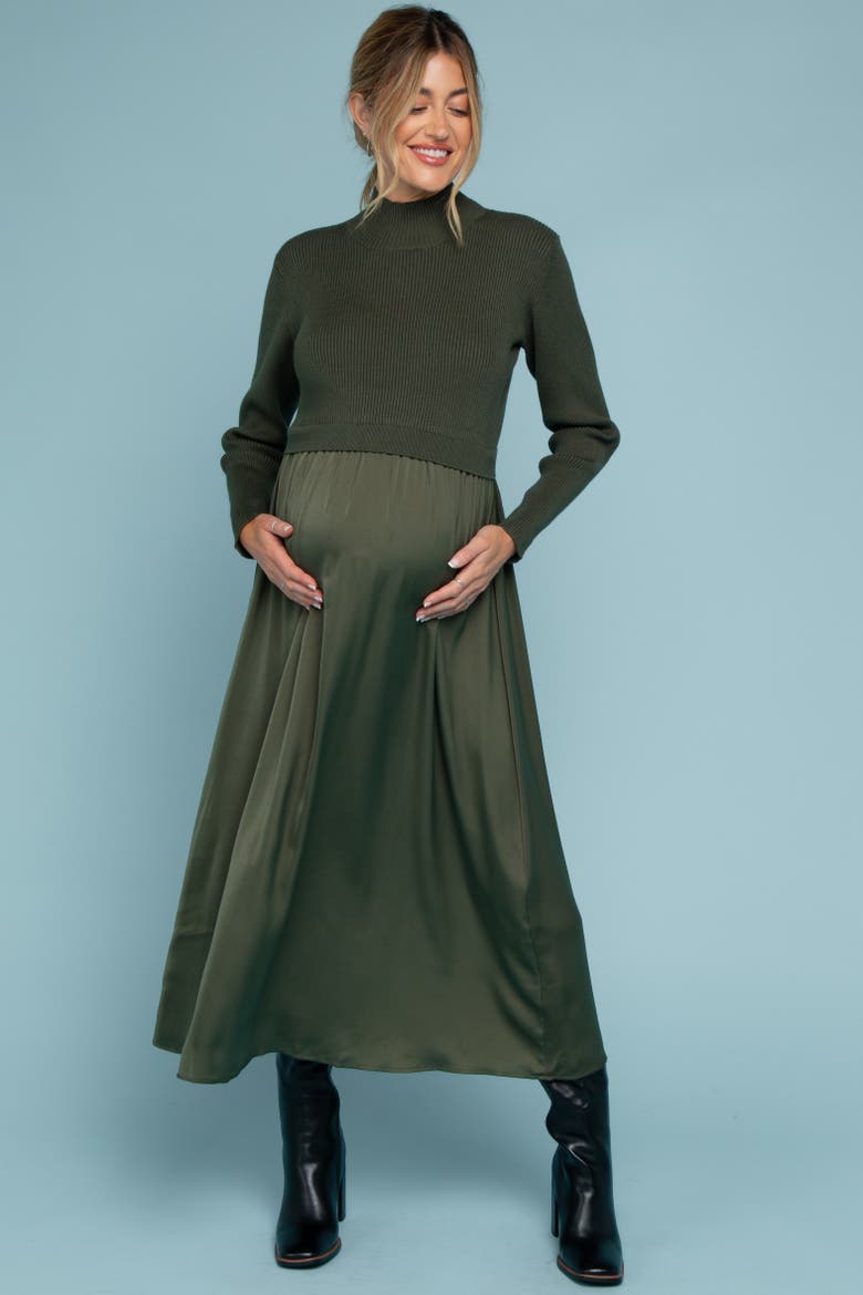 Knit Contrast Top Satin Midi Dress, Alternate, color, Olive Green