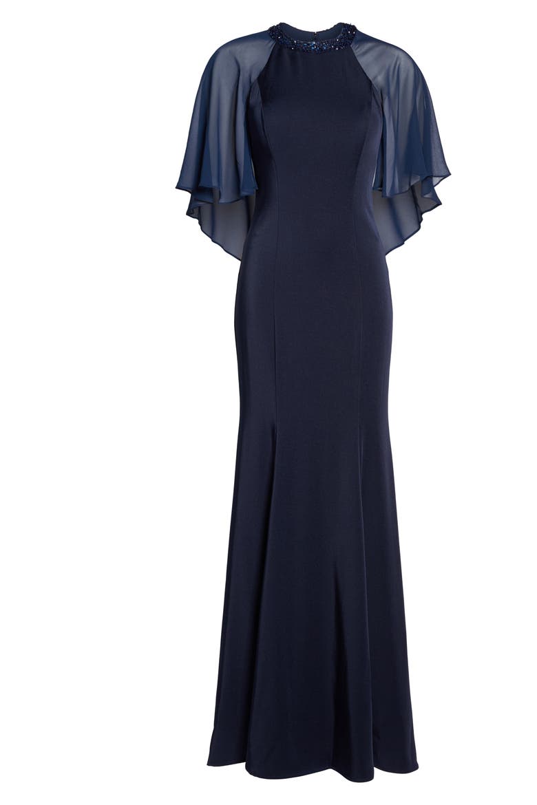Illusion Cape Trumpet Gown, Alternate, color, NAVY