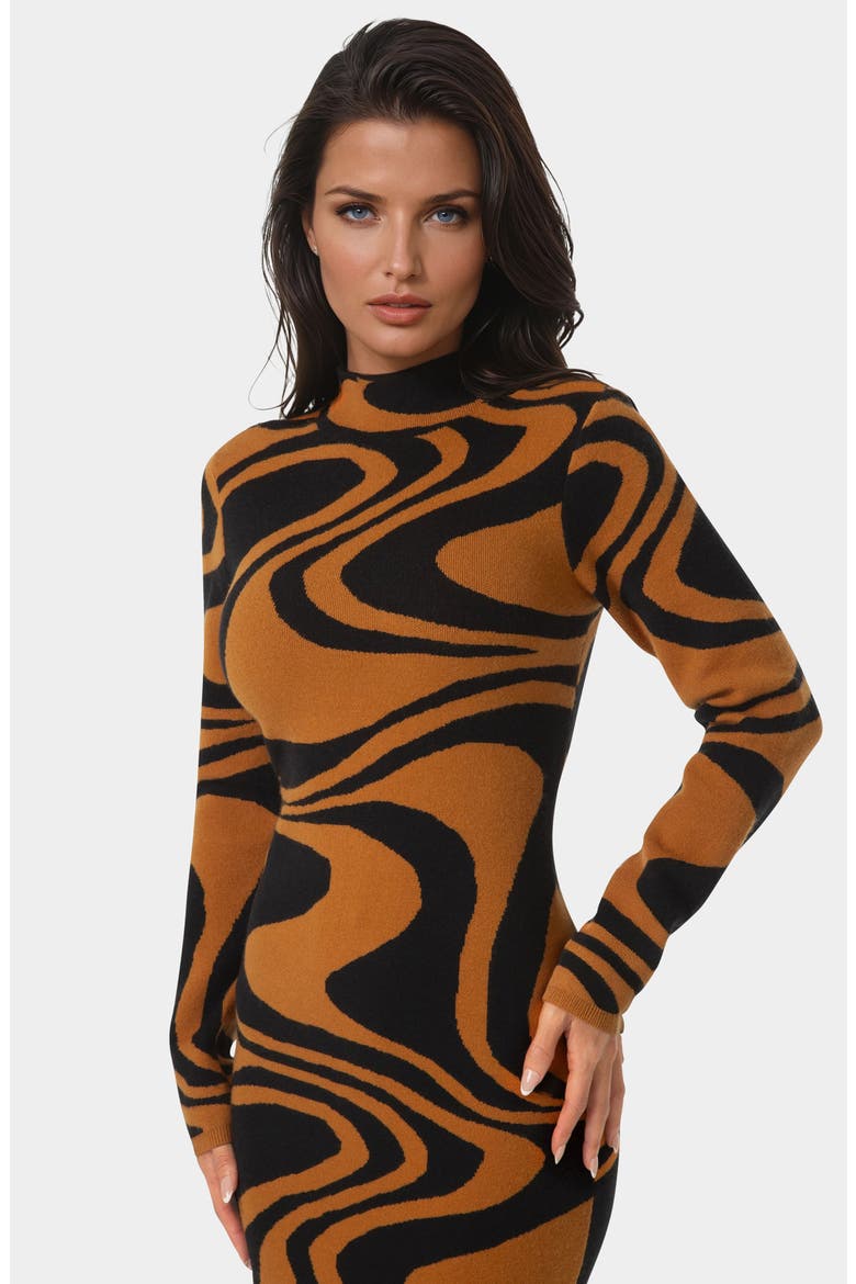 Jacquard Mock Neck Sweater Midi Dress, Alternate, color, BROWN/ BLACK