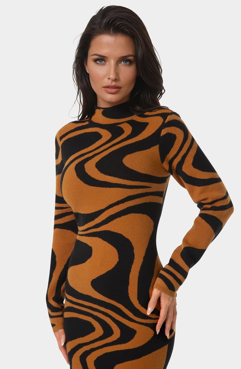 bebe Jacquard Mock Neck Sweater Midi Dress, Alternate, color, Brown/ Black