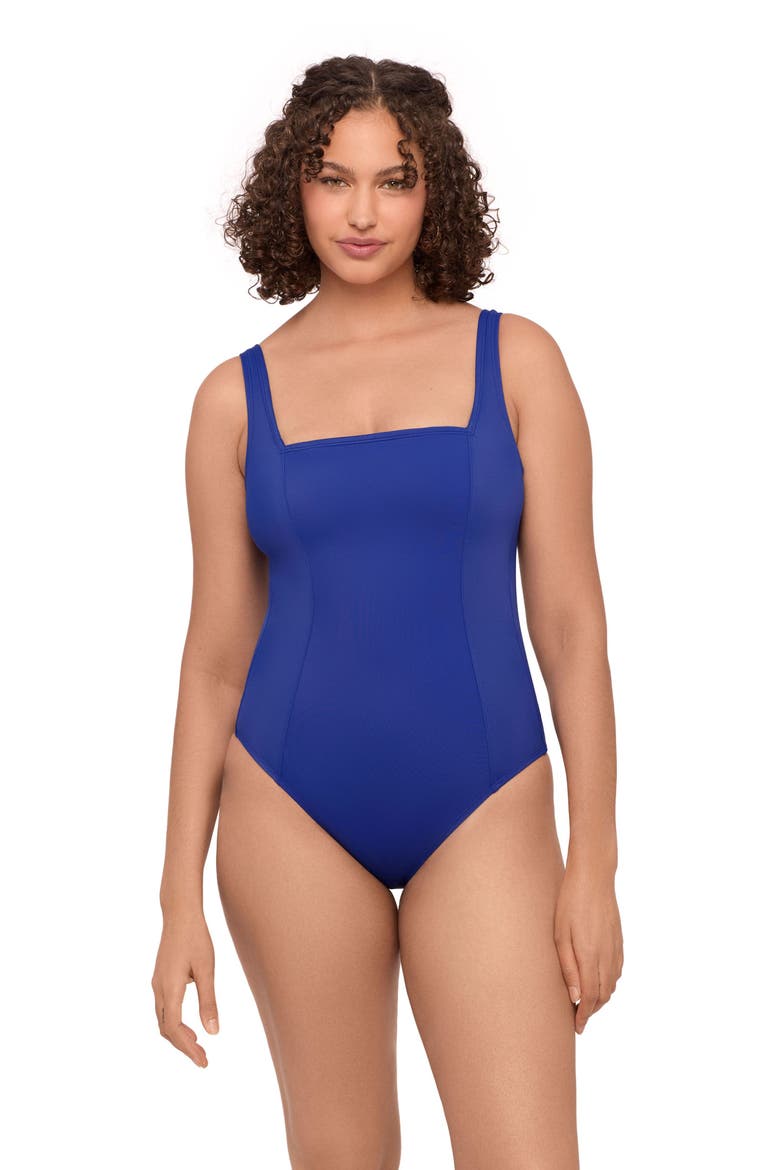 Smoothing and Sculpting Square-Neck Lace-Up Back One-Piece Swimsuit, Main, color, Indigo