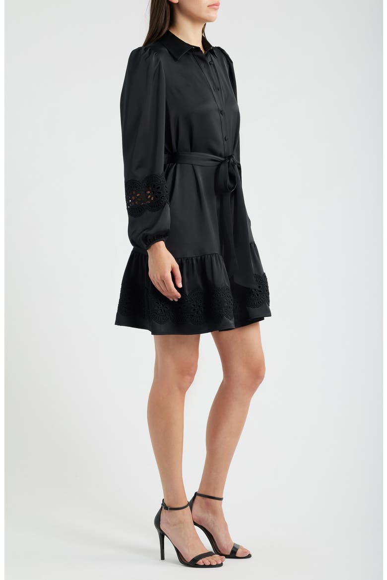 Lace Trim Long Sleeve Tie Belt Satin Shirtdress, Alternate, color, ANNE BLACK