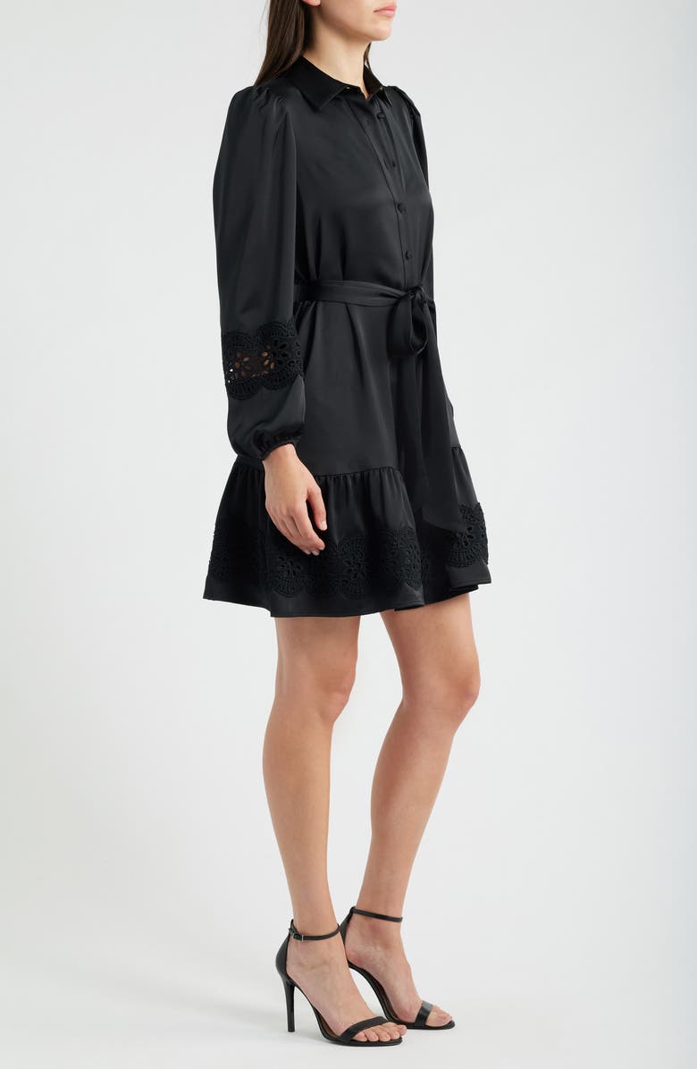 Anne Klein Lace Trim Long Sleeve Tie Belt Satin Shirtdress, Alternate, color, Anne Black
