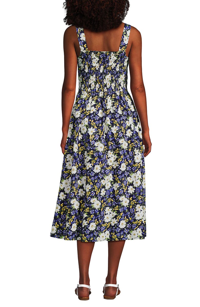 Lands' End Poplin Smocked Bodice Midi Dress, Alternate, color, Deep Sea Spring Floral