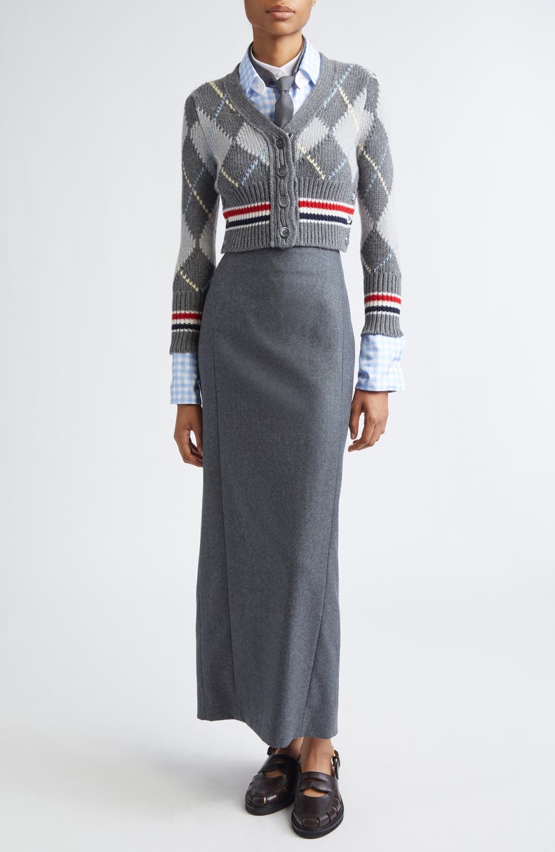 Thom Browne Argyle Intarsia Shrunken Virgin Wool Blend Cardigan, Alternate, color, Tonal Grey