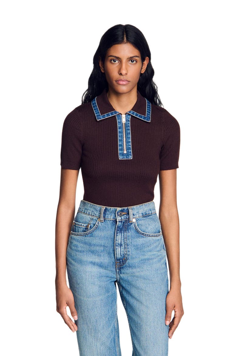Knit polo sweater with denim collar, Main, color, Brown