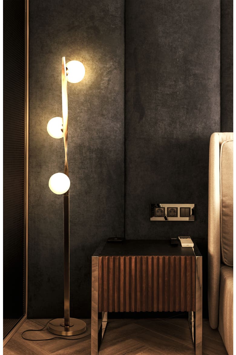 Nola 60" Dimmable LED Twisted Modern Floor Lamp with Glazed Glass Globes, Alternate, color, Antique Brass