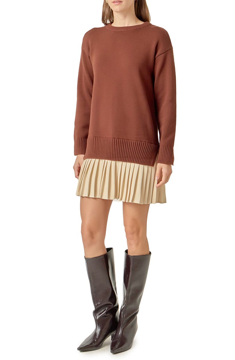 English Factory Mixed Media Long Sleeve Pleated Minidress, Alternate, color, Chocolate Brown/ Tan
