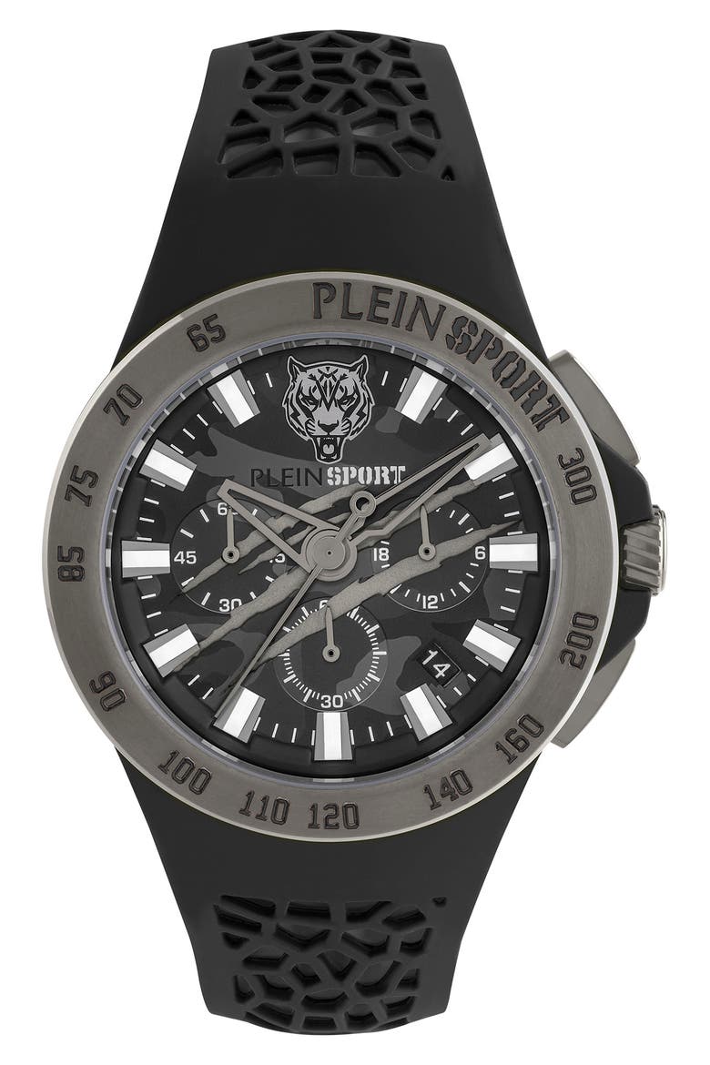 Camo Dial Three-Hand Quartz Silicone Strap Watch, 43mm, Main, color, GUN