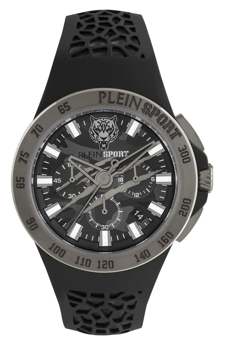 PLEIN SPORT Camo Dial Three-Hand Quartz Silicone Strap Watch, 43mm, Main, color, Gun