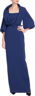 Badgley Mischka Collection Puff Sleeve Gown with Belt