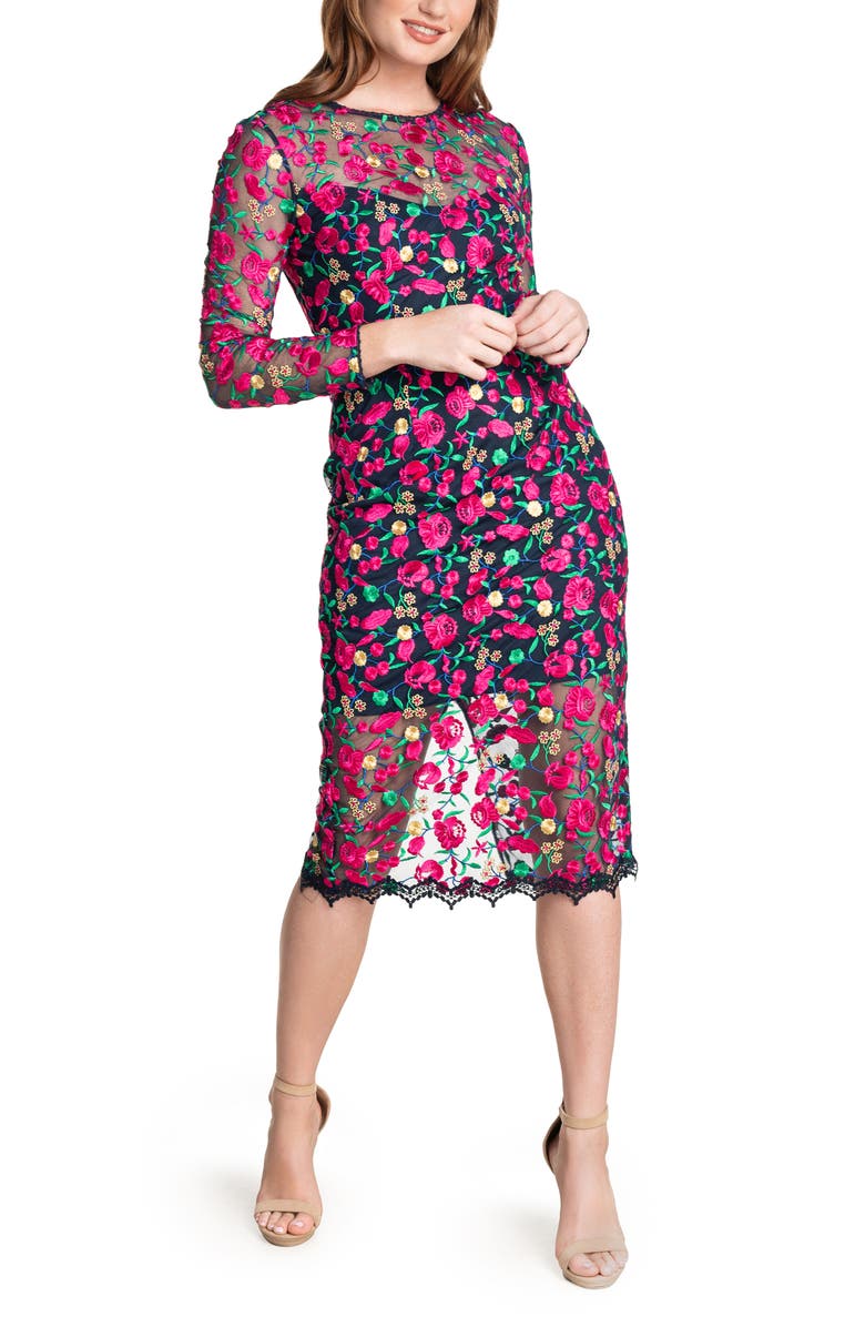 Dress the Population Sophia Embroidered Floral Long Sleeve Bodycon Midi Dress, Main, color, 