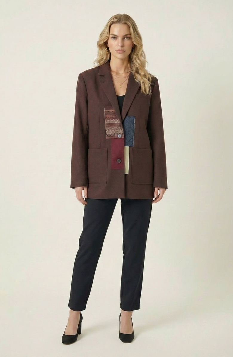 Modenaire Patchwork Detail Notched Lapel Blazer, Alternate, color, Dark Brown