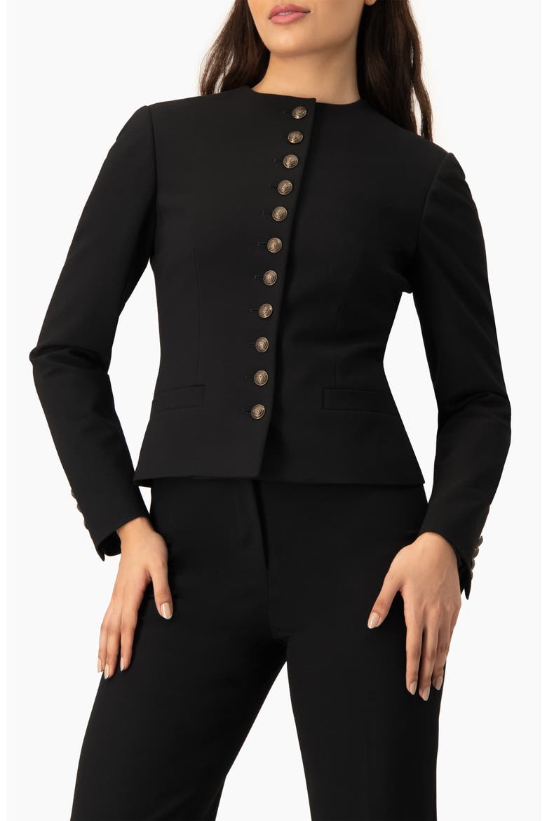 Collarless Tailored Blazer with Gold Crest Buttons, Main, color, Black