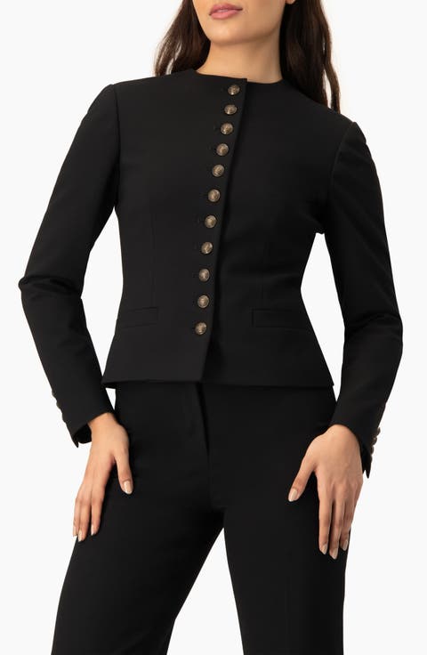 Collarless Tailored Blazer with Gold Crest Buttons