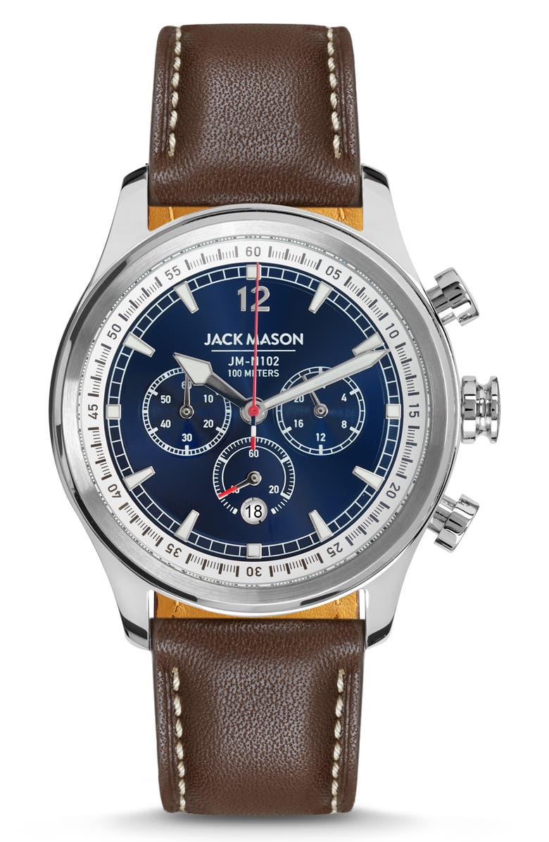 Jack Mason Nautical Chronograph Leather Strap Watch, 42mm, Main, color, 
