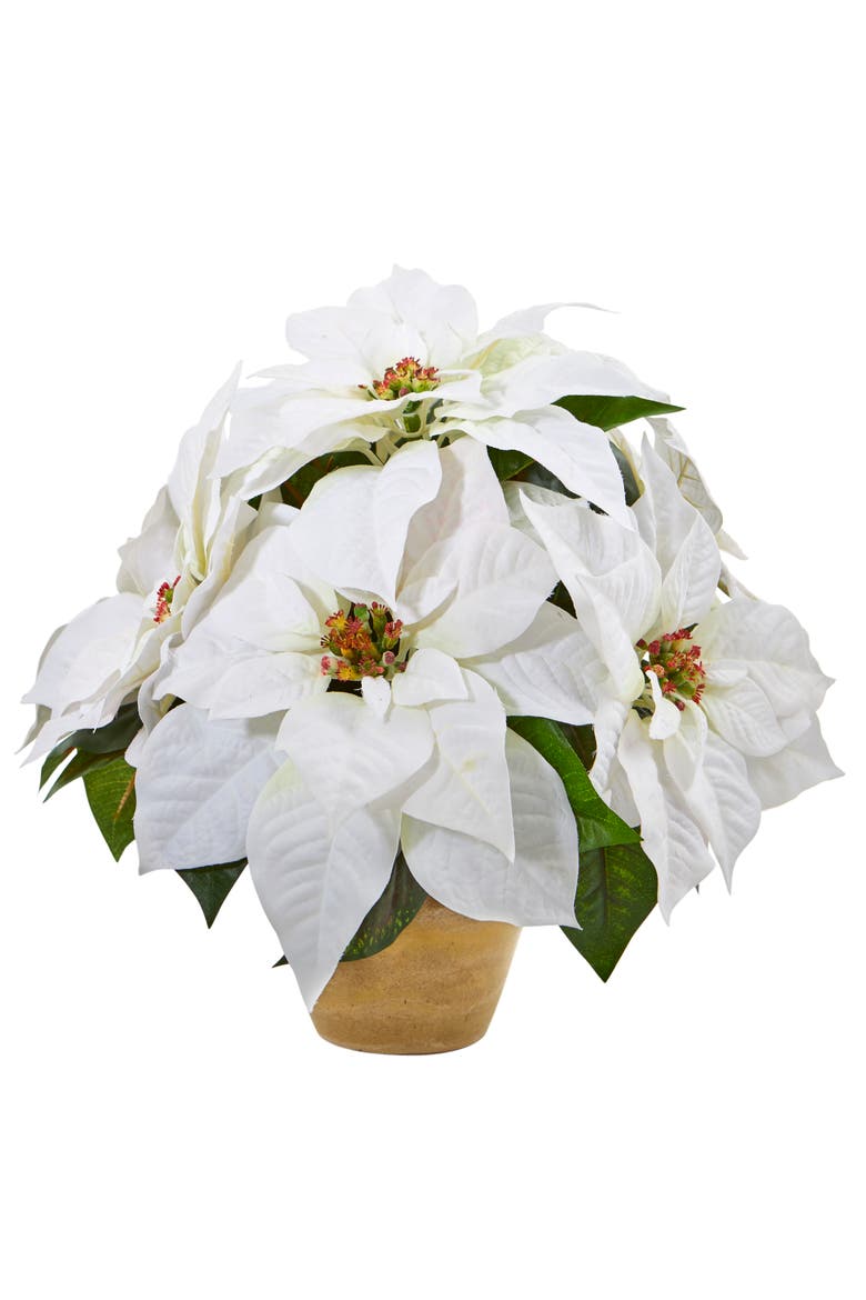 Poinsettia Artificial Arrangement in Ceramic Vase, Main, color, White