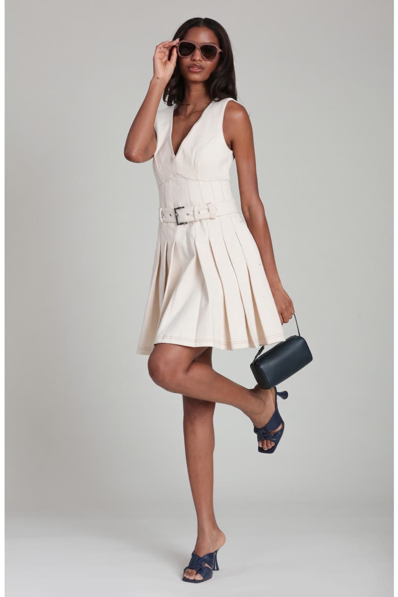 Seamed Sleeveless Pleated Stretch Cotton Minidress, Alternate, color, SEEDED ECRU