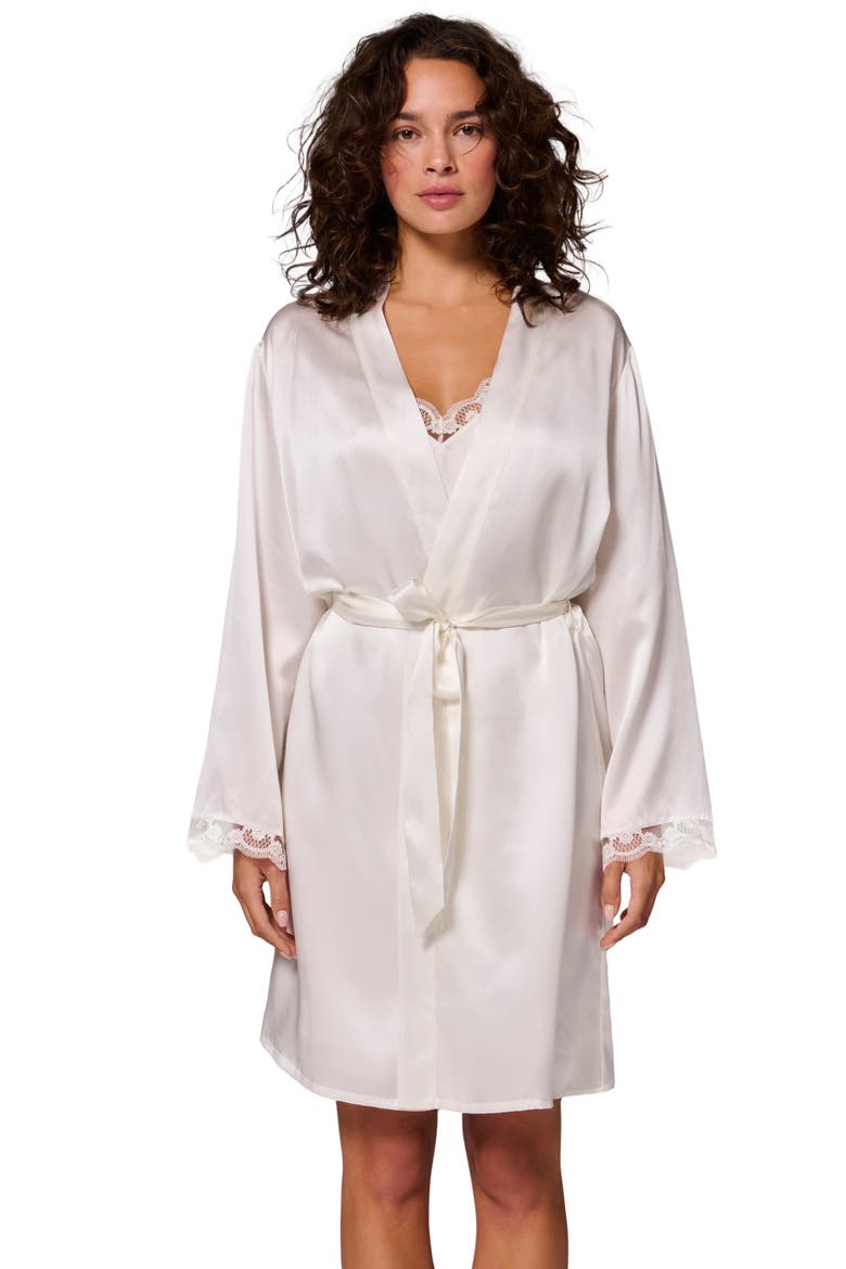 Love Me Lace Trim Silk Blend Robe, Alternate, color, IVORY