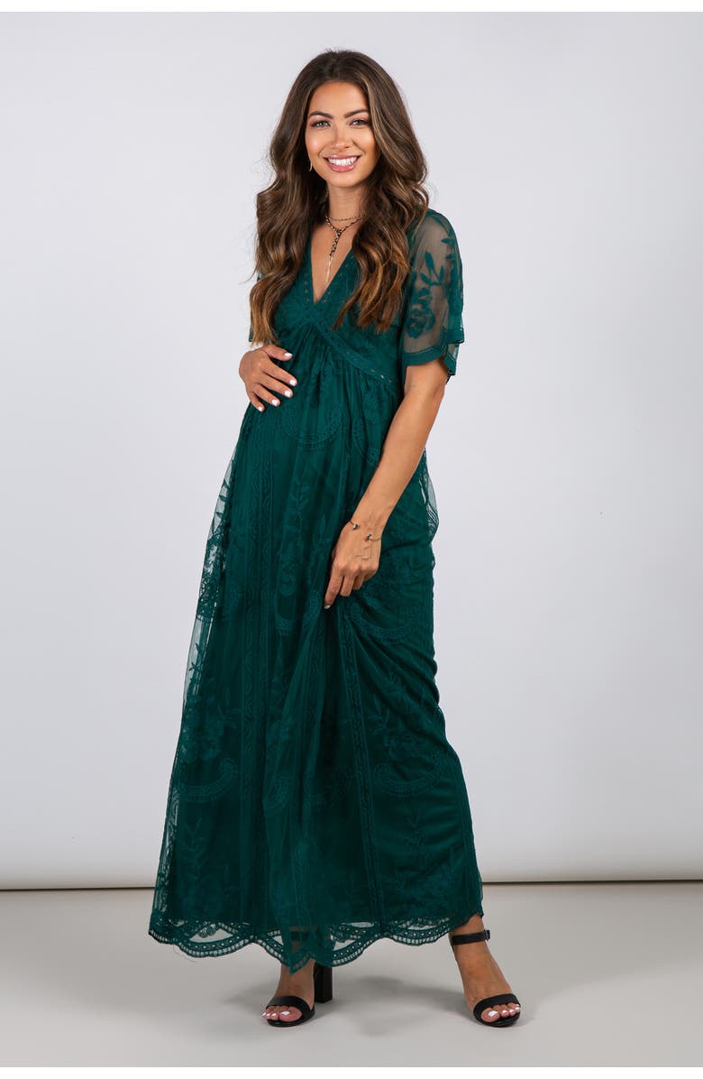 PinkBlush Lace Mesh Overlay Maxi Dress, Main, color, Forest Green