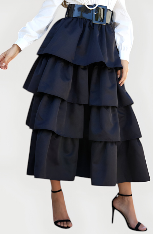 Modenaire Tiered Ruffle Midi Skirt With Wide Belt And Layered Hem In Black