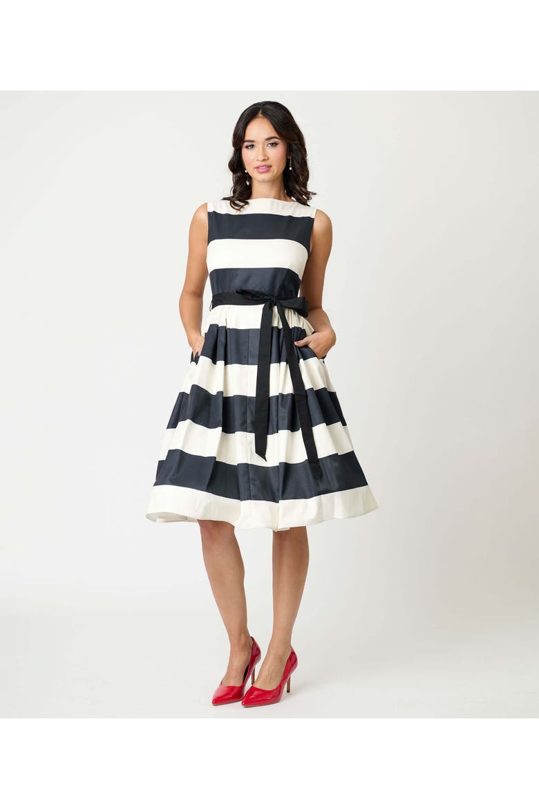 Sleeveless Belted Swing Dress, Alternate, color, Black & Ivory Stripes