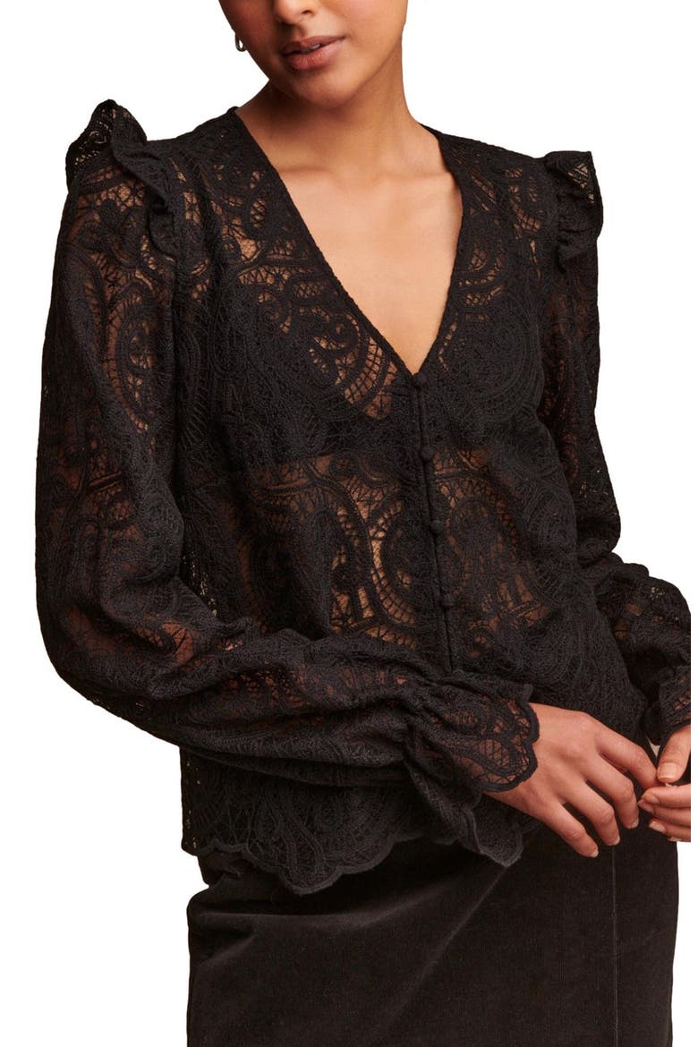 Long Sleeve Lace Top, Main, color, BLACK