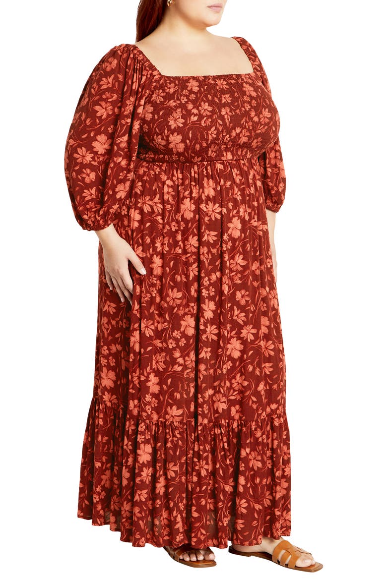 Kaylee Floral Smocked Bodice Maxi Dress, Alternate, color, RUST FLORAL