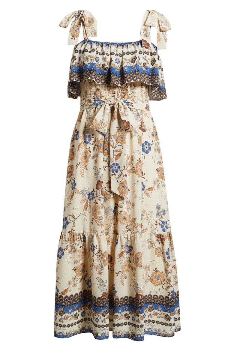 Off the Shoulder Mix Print Midi Dress, Alternate, color, IVORY SHELL MULTI