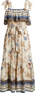 Anne Klein Off the Shoulder Mix Print Midi Dress