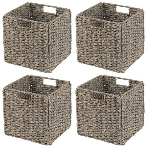 Seagrass Woven Cube Bin Basket Organizer, Handles, 4 Pack