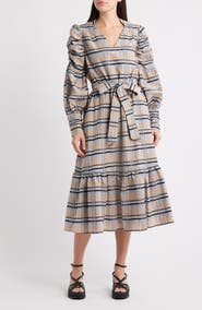 CIEBON Mariyah Long Sleeve Seersucker Midi Dress