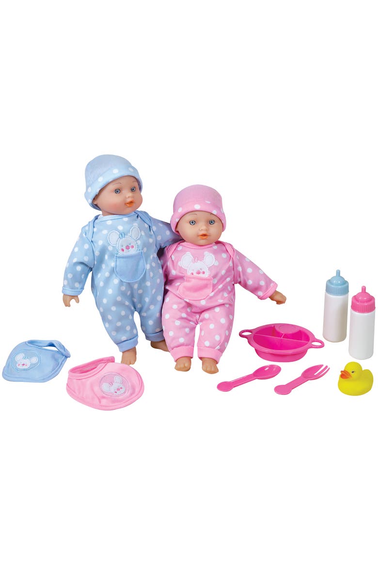 11 Inch Twin Baby Dolls, Pink & Blue Polka Dot Mouse Matching Outfits, Main, color, Multicolored