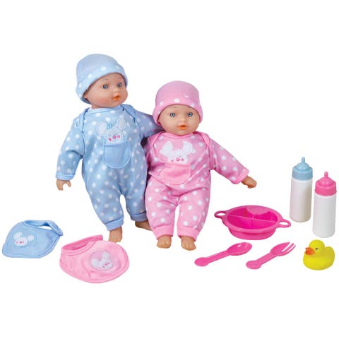 11 Inch Twin Baby Dolls, Pink & Blue Polka Dot Mouse Matching Outfits