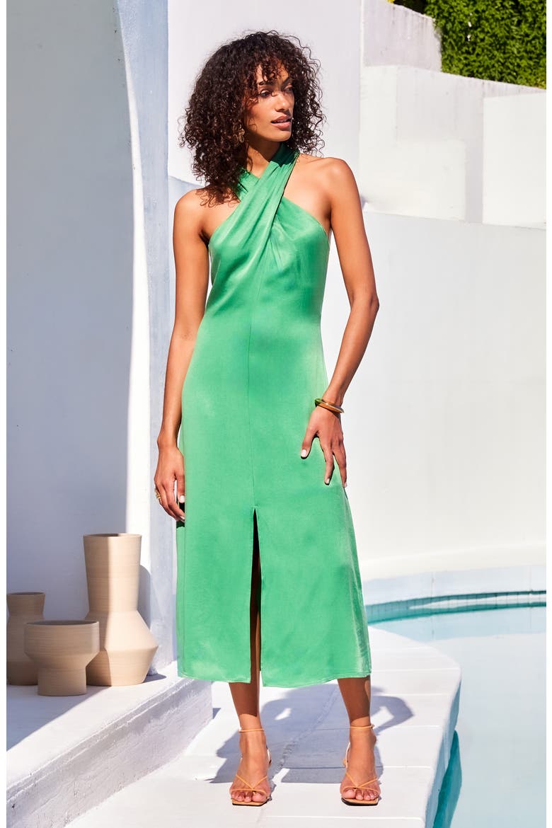 Ivy Crossover Neck Satin Midi Dress, Alternate, color, JADE