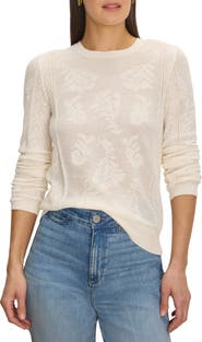 NIC+ZOE Floral Jacquard Lace Inset Pointelle Sweater