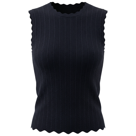 Crepe Knit Scalloped Rib Trim Textured Sleeveless Vest