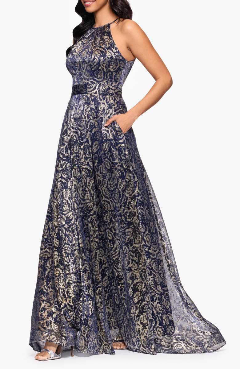 Betsy & Adam Metallic Floral Jacquard Dress, Alternate, color, 