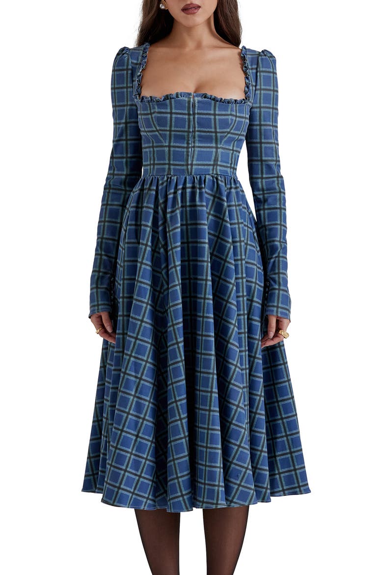 Delia Long Sleeve Midi Cocktail Dress, Alternate, color, BLUE TARTAN PRINT