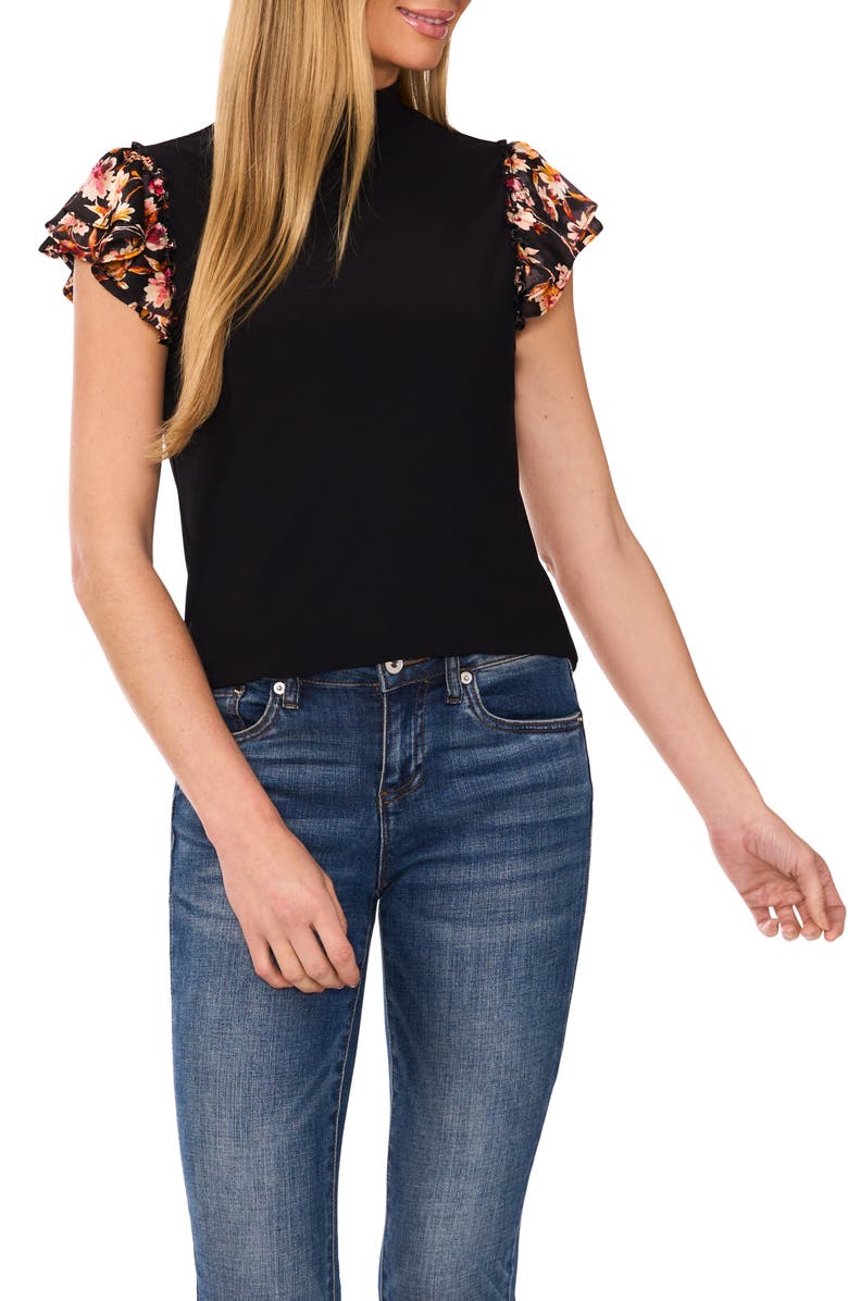 CeCe Floral Print Double Ruffle Mixed Media Top, Main, color, 