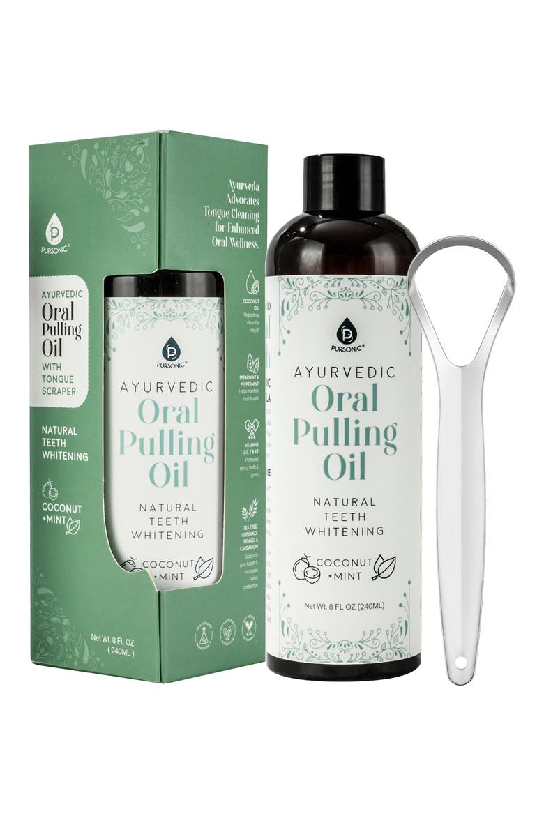 Ayurvedic Oral Pulling Oil & Tongue Scraper Set, Alternate, color, BROWN
