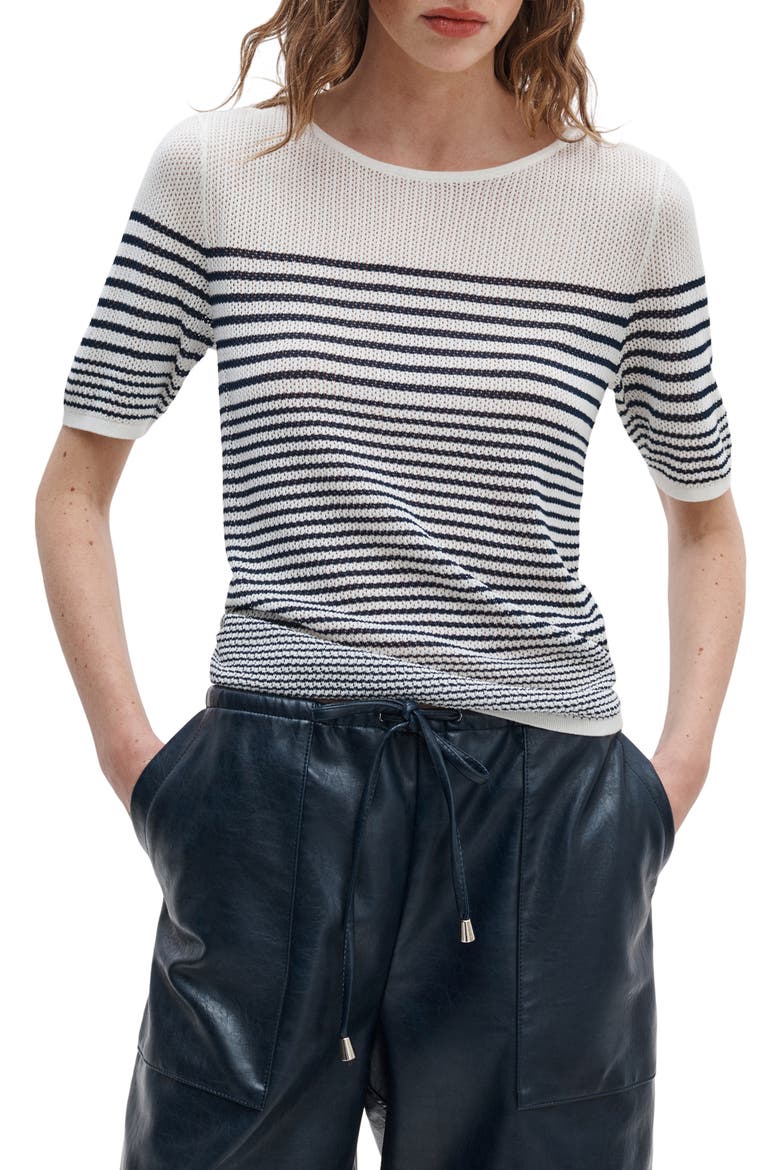 Daisy Stripe Short Sleeve Cotton Blend Sweater, Main, color, WHITE
