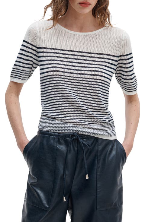 Daisy Stripe Short Sleeve Cotton Blend Sweater