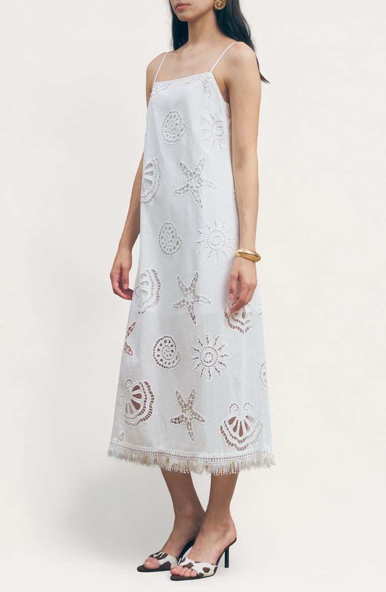 MAUDE CLUB Ciel Cotton Eyelet Fringe Trim Midi Dress, Alternate, color, White